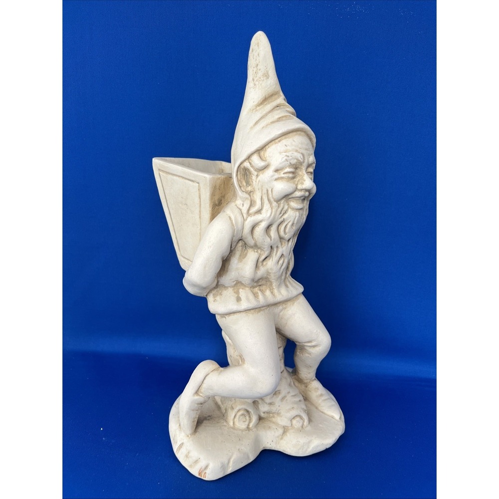 Vintage Hen-Feathers &Co Hand Cast Bonded Marble Gnome Sitting On Tree Stump 11"